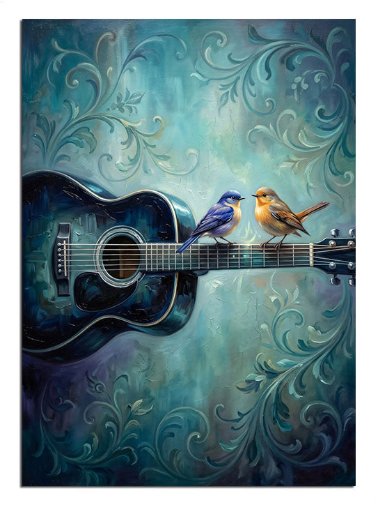 Mavi bir gitarın üzerinde tünemiş renkli kuşlar.