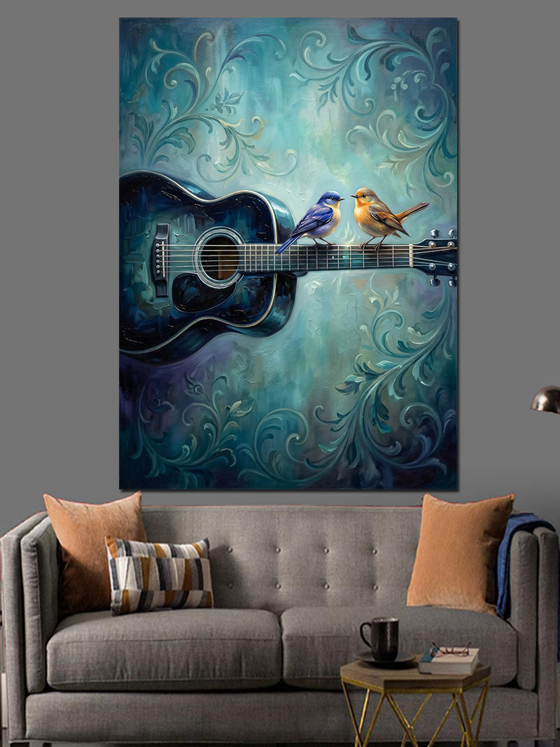 Gitar Sapında Duran Küçük Kuşlar Kanvas Tablo
