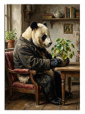Bir insan gibi masada oturan, hüzünlü panda.
