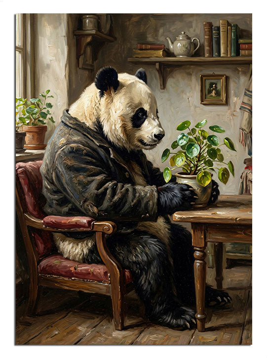 Bir insan gibi masada oturan, hüzünlü panda.