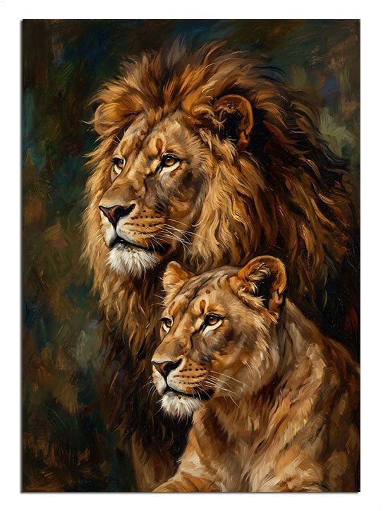 Şefkatle birbirine yaslanmış aslan ve dişi aslan.