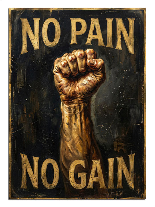 "No Pain No Gain" yazılı güçlü yumruk figürü.