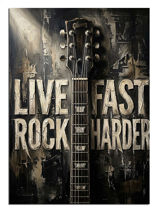 Gitar sapı üzerinde rock müzik mottosu yazısı.