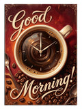 "Good Morning" yazılı, saat formunda kahve fincanı.