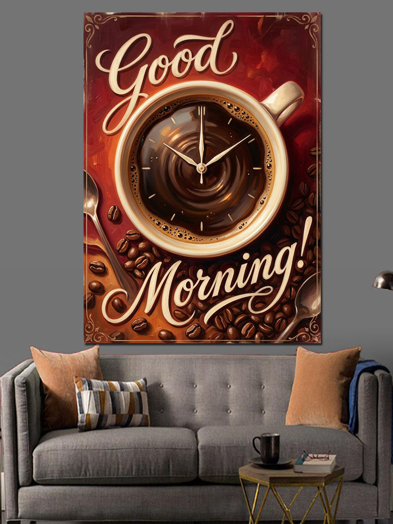 Good Morning Kahve Ve Saat Kanvas Tablo