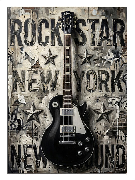 New York silüetli ve Rock Star yazılı gitar.