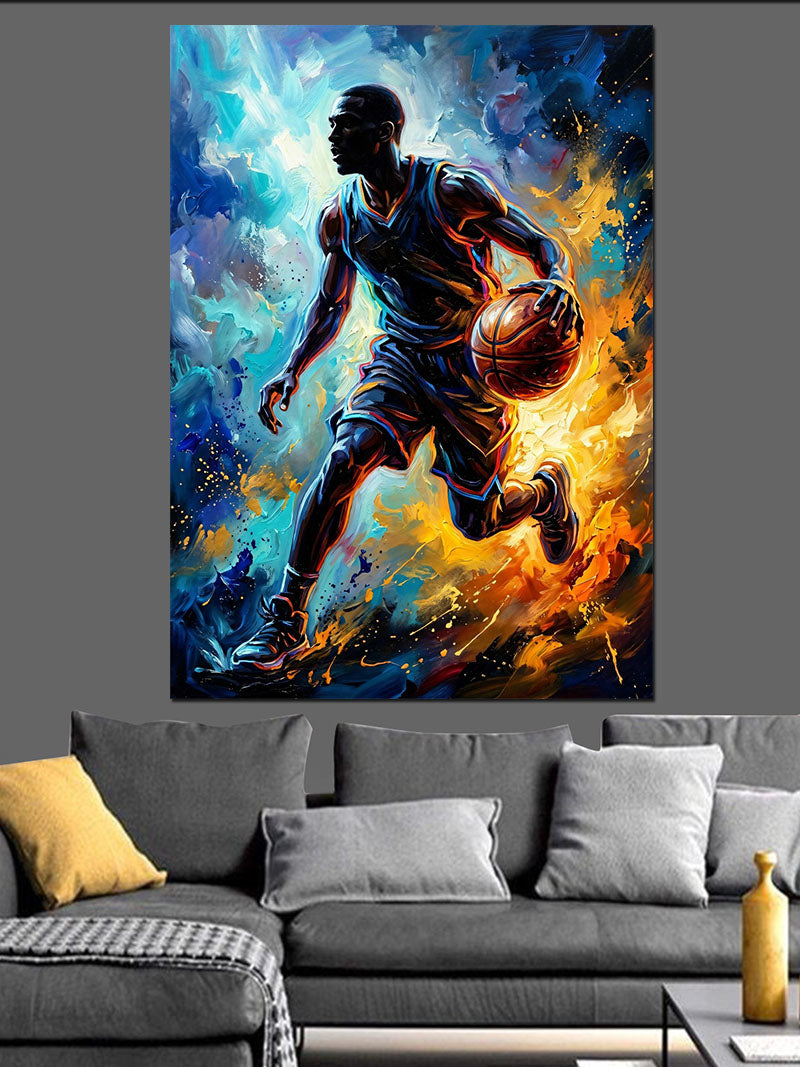 Basketbol Oynayan Dinamik Oyuncu Silüeti Kanvas Tablo