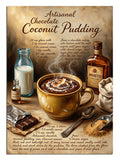 Hindistan cevizli puding görseli ve el yazısı tarif.