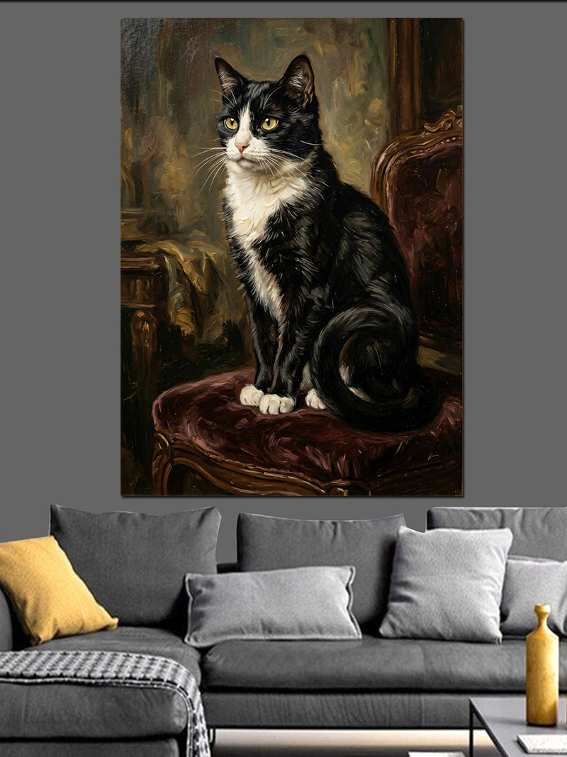 Koltukta Oturan Siyah Beyaz Kedi Kanvas Tablo