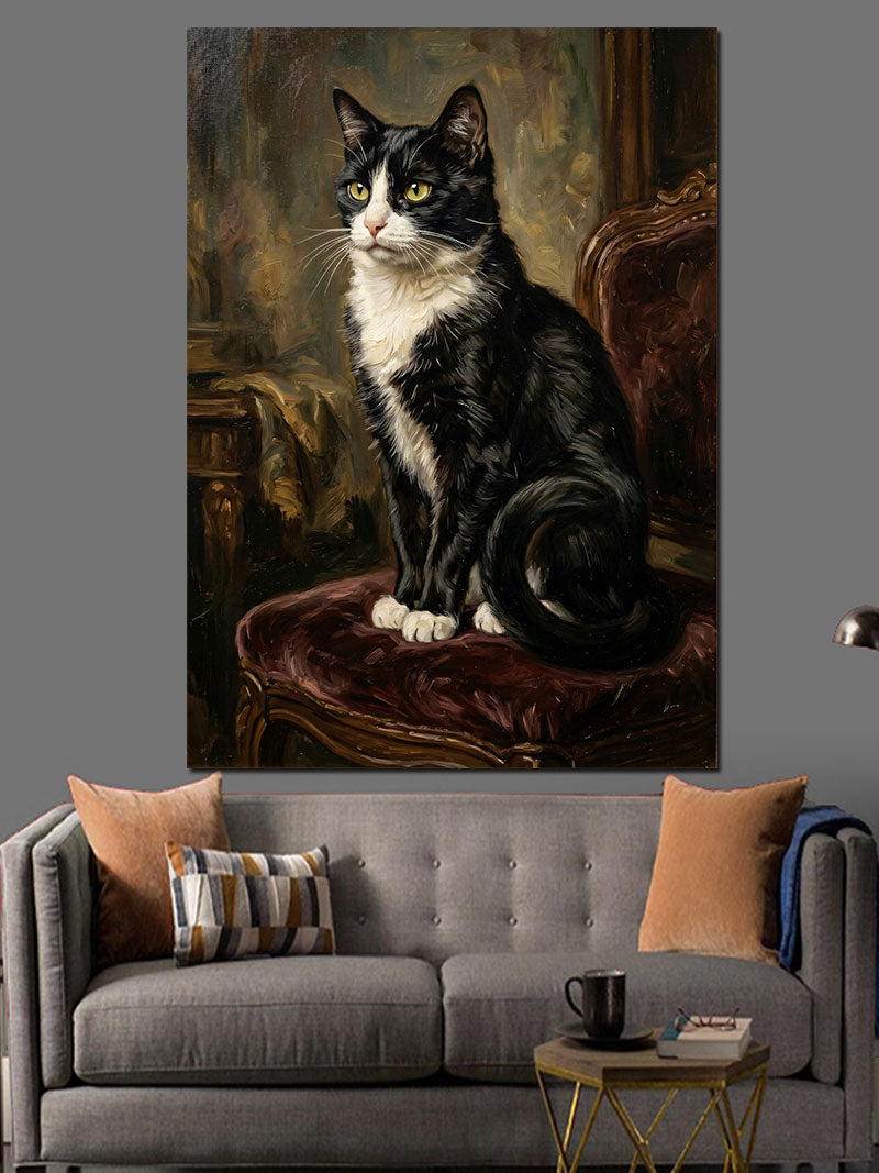 Koltukta Oturan Siyah Beyaz Kedi Kanvas Tablo