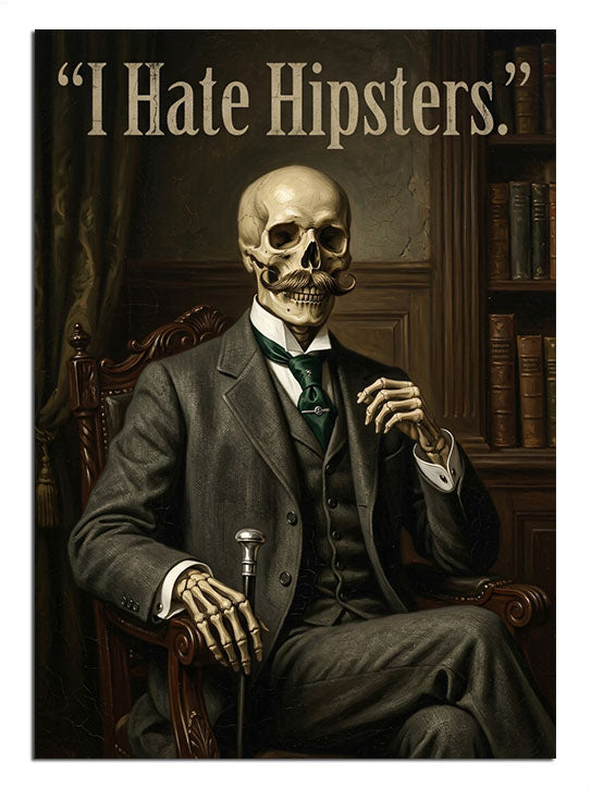 "I Hate Hipsters" yazılı, şık giyimli iskelet.