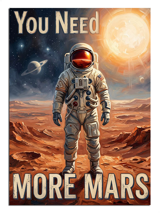 "You Need More Mars" yazılı, kızıl gezegende astronot tasarımı.
