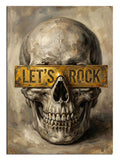 "Let's Rock" yazılı, karizmatik ve asi iskelet kafası illüstrasyonu.