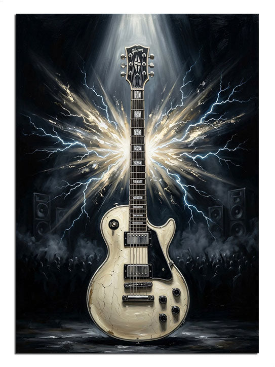 Karanlıkta enerji dalgaları yayan beyaz elektro gitar.