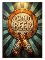 "Cold Beer" yazılı, buzlar içinde nostaljik bira şişeleri.