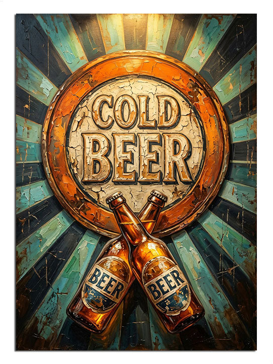"Cold Beer" yazılı, buzlar içinde nostaljik bira şişeleri.