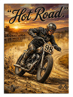 "Hot Road" yazılı, toz duman içinde klasik motosiklet.