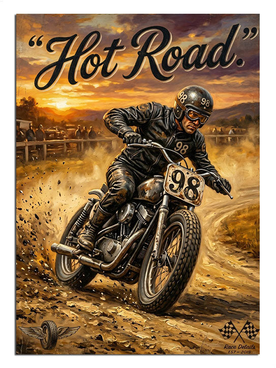 "Hot Road" yazılı, toz duman içinde klasik motosiklet.