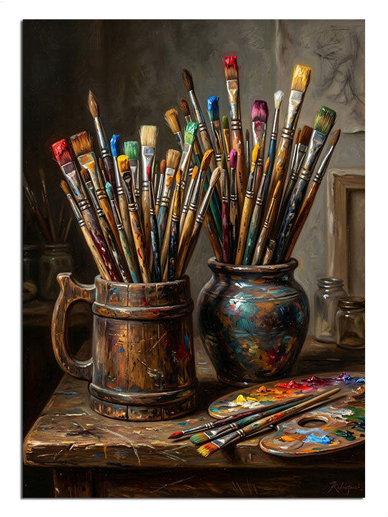 Metal kap içinde dizilmiş, boyalı ressam fırçaları.