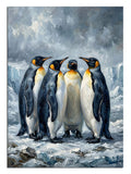 Karlı bir zeminde yan yana duran penguen ailesi.