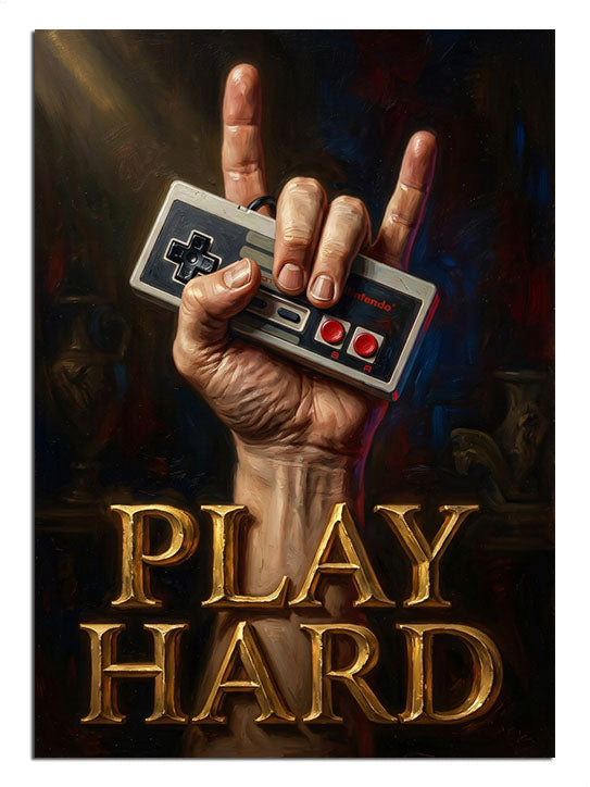 Oyun kumandası ve "Play Hard" yazılı modern tasarım.