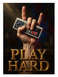 Oyun kumandası ve "Play Hard" yazılı modern tasarım.