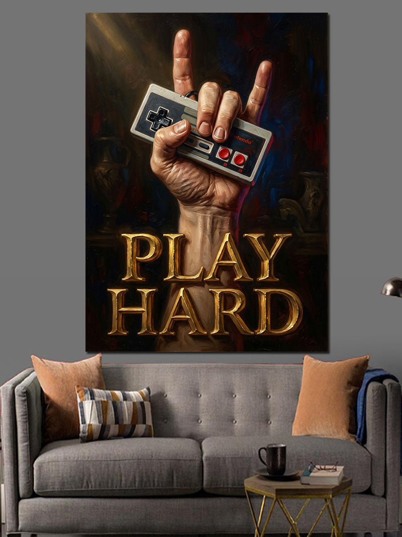Play Hard Yazılı Gamer Eli Kanvas Tablo