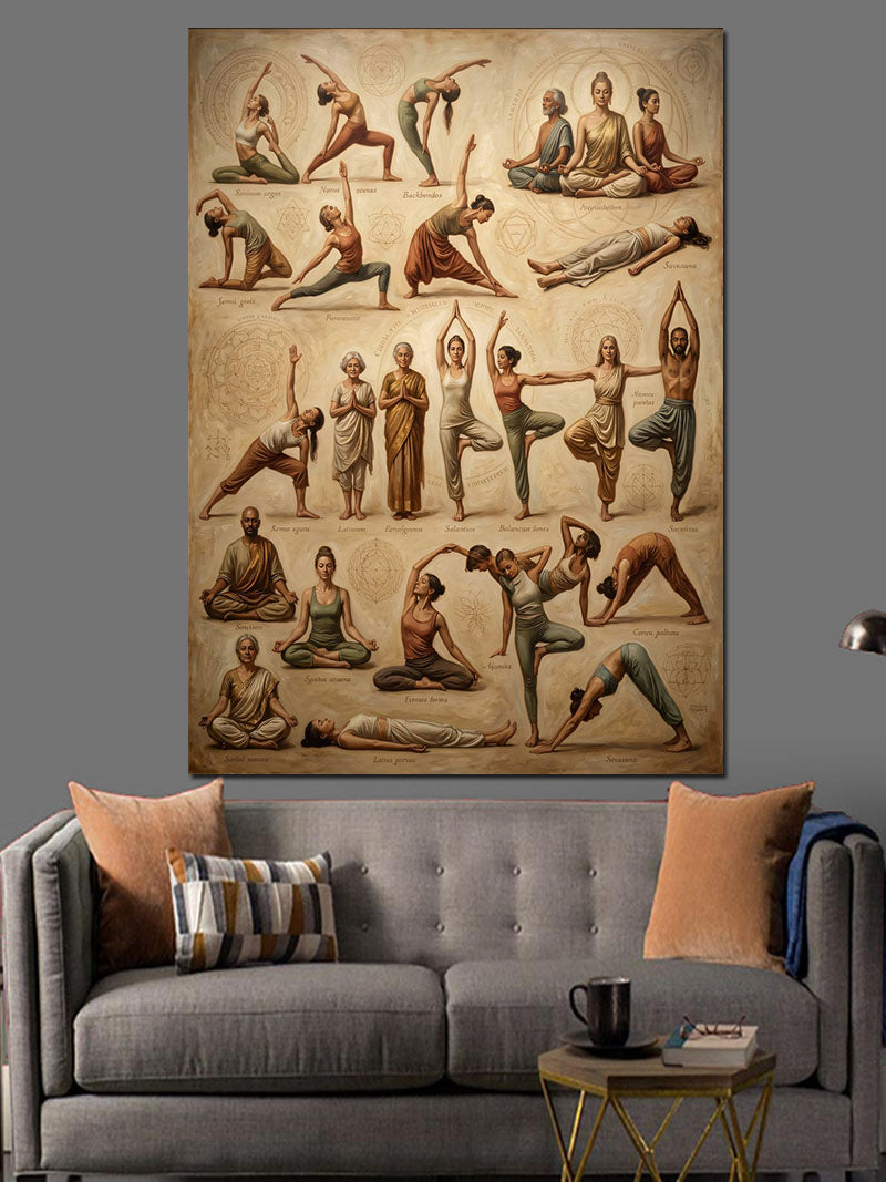 Yoga Yapan İnsan Silüetleri Kolajı Kanvas Tablo