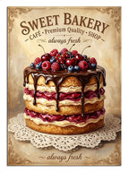 "Sweet Bakery" yazılı, böğürtlenli ve kremsi pasta.