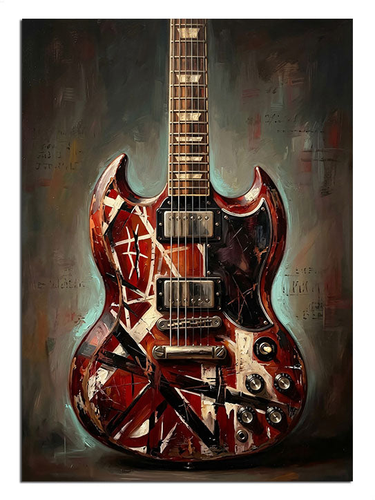 Üzerinde renkli desenler olan şık bir elektro gitar.