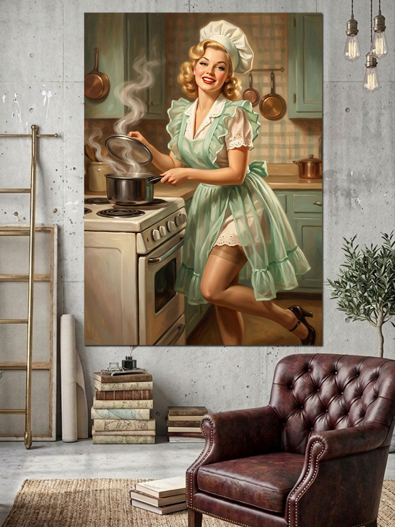 Mutfakta Yemek Pişiren Retro Kadın Kanvas Tablo