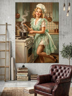 Mutfakta Yemek Pişiren Retro Kadın Kanvas Tablo