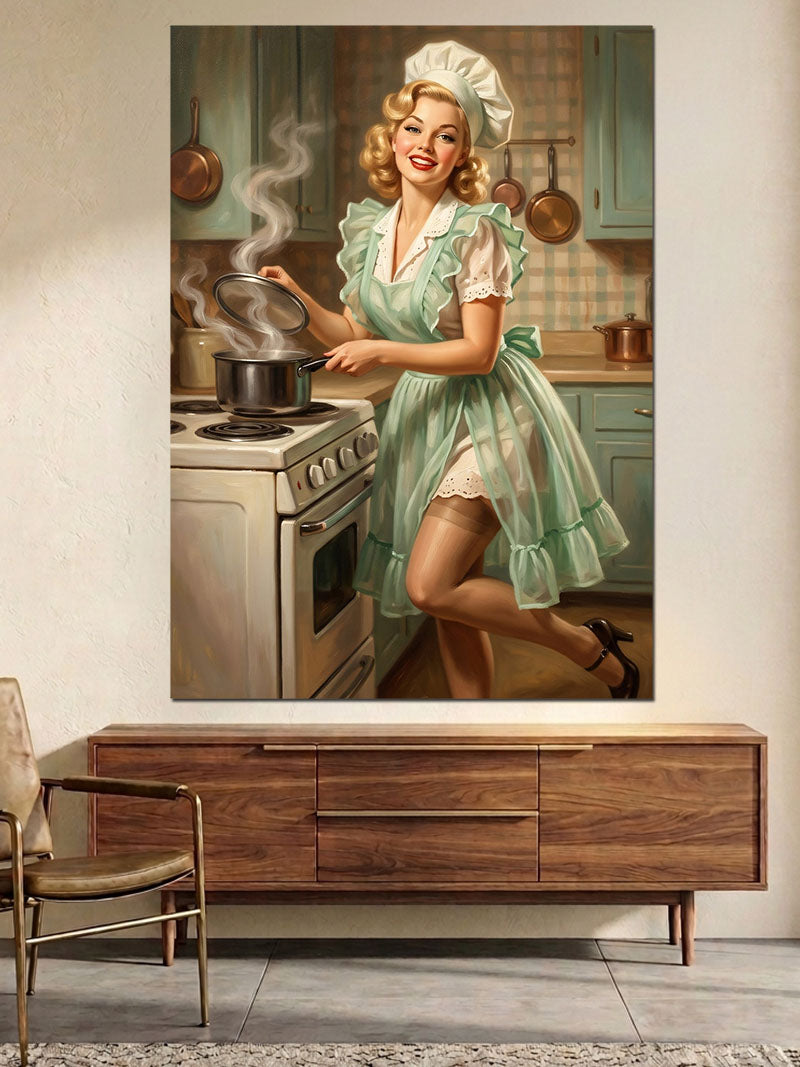 Mutfakta Yemek Pişiren Retro Kadın Kanvas Tablo