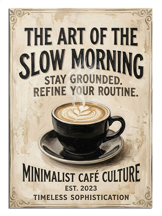 "The Art of the Slow Morning" yazılı kahve tasarımı.