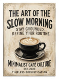 "The Art of the Slow Morning" yazılı kahve tasarımı.