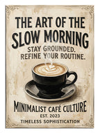 "The Art of the Slow Morning" yazılı kahve tasarımı.