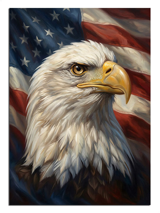 Görkemli Amerikan kartalı ve dalgalanan bayrak temalı güçlü görsel.