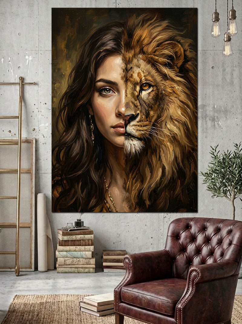 Aslan ve Kadın Yüzü Birleşimi Kanvas Tablo