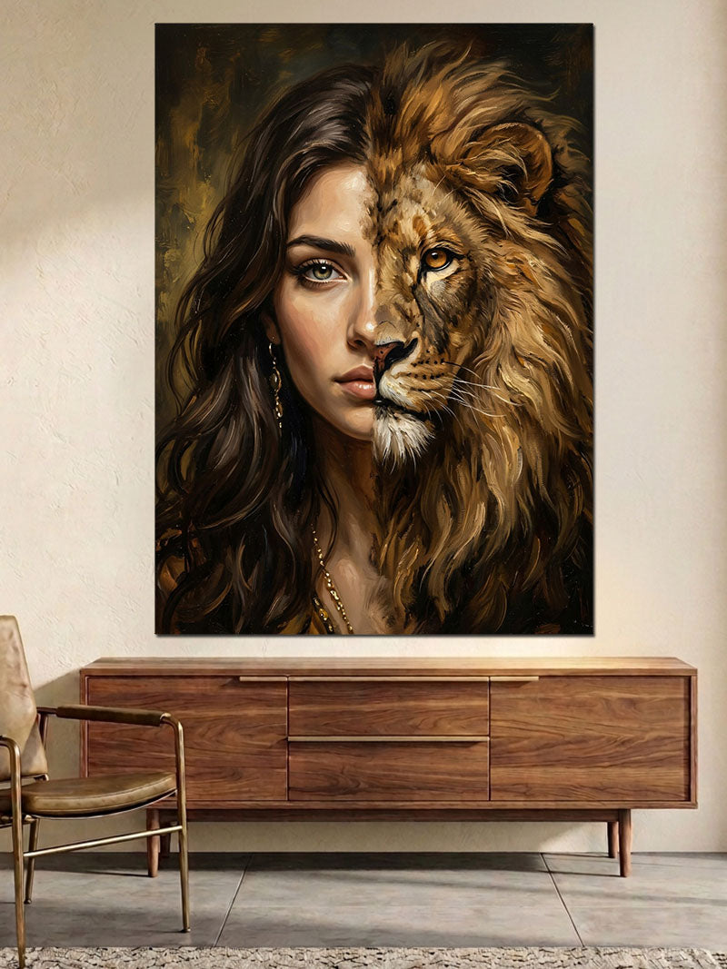 Aslan ve Kadın Yüzü Birleşimi Kanvas Tablo