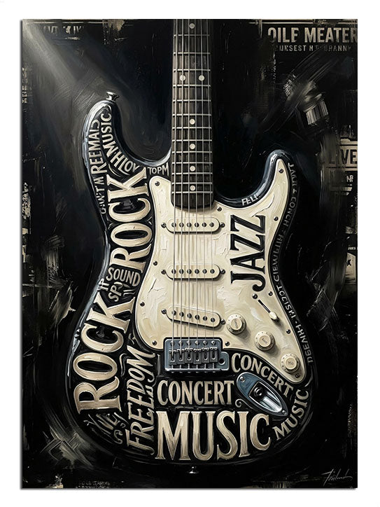 Üzerinde müzik terimleri yazılı olan şık elektro gitar.