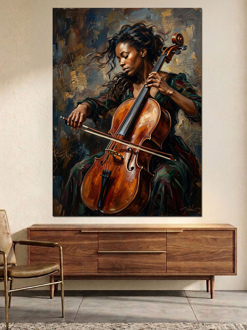 Viyolonsel Çalan Siyahi Kadın Sanat Kanvas Tablo