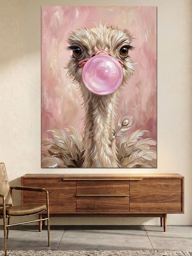 Pembe Sakız Şişiren Komik Devekuşu Kanvas Tablo