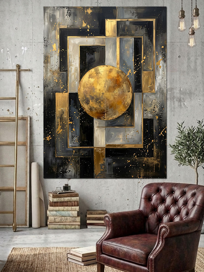 Altın Daireli Modern Geometrik Soyut Kanvas Tablo