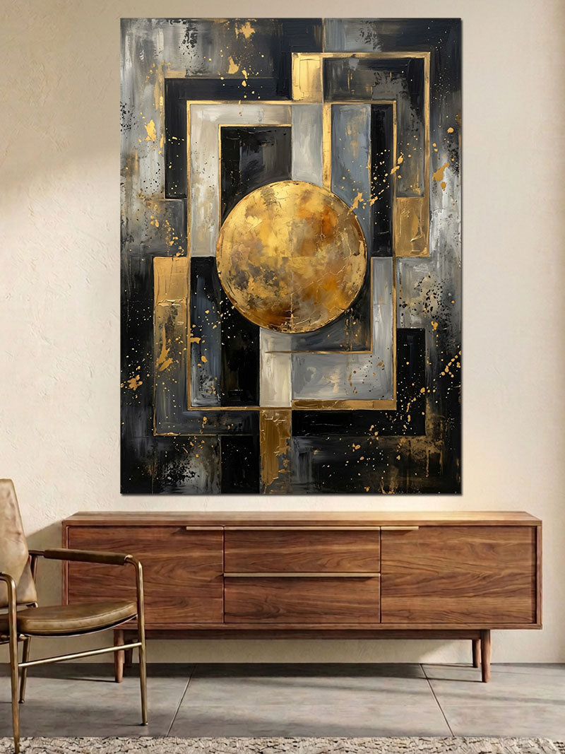 Altın Daireli Modern Geometrik Soyut Kanvas Tablo
