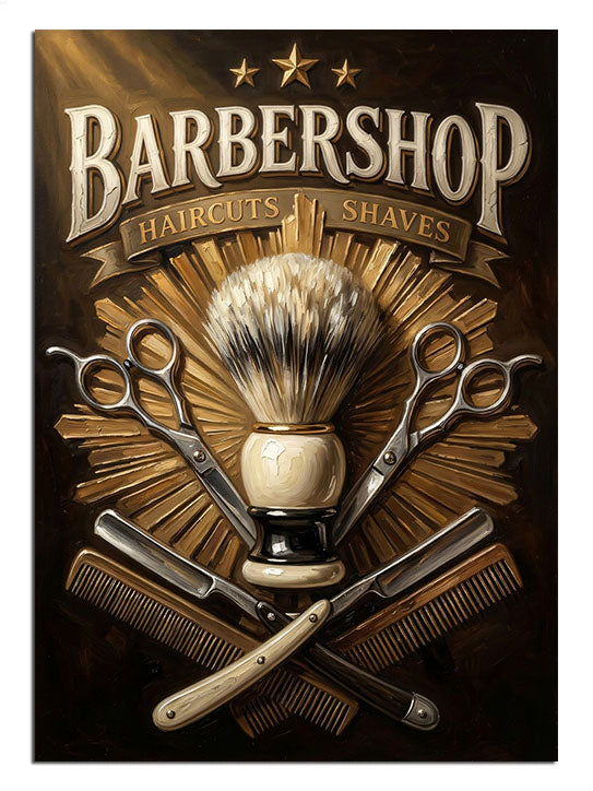 "Barbershop" yazılı, ustura ve fırça içeren klasik amblem.