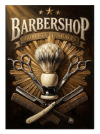 "Barbershop" yazılı, ustura ve fırça içeren klasik amblem.
