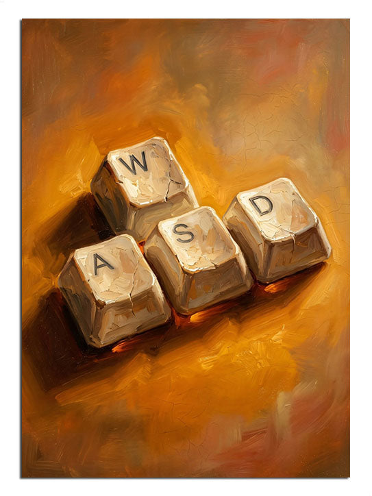 "W-A-S-D" oyun tuşlarının sanatsal ve ışıltılı tasviri.