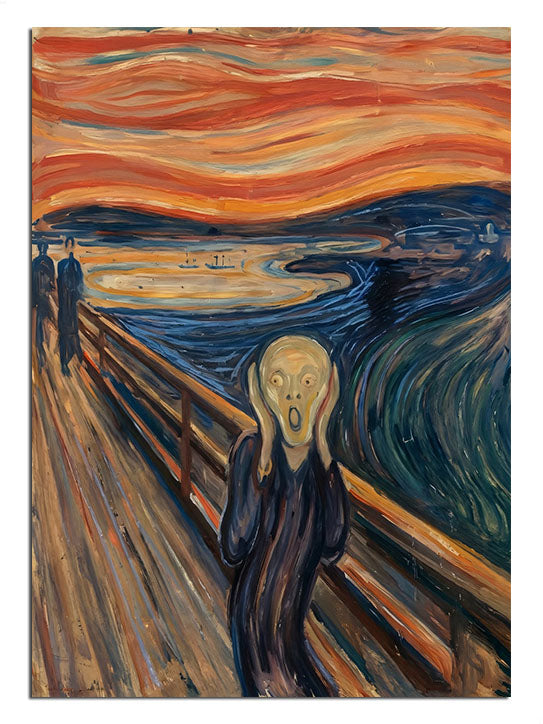 Edvard Munch tarzında, dalgalı ve dramatik manzara.