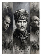 Gazi Mustafa Kemal Atatürk ve yanındaki tarihi figürler.