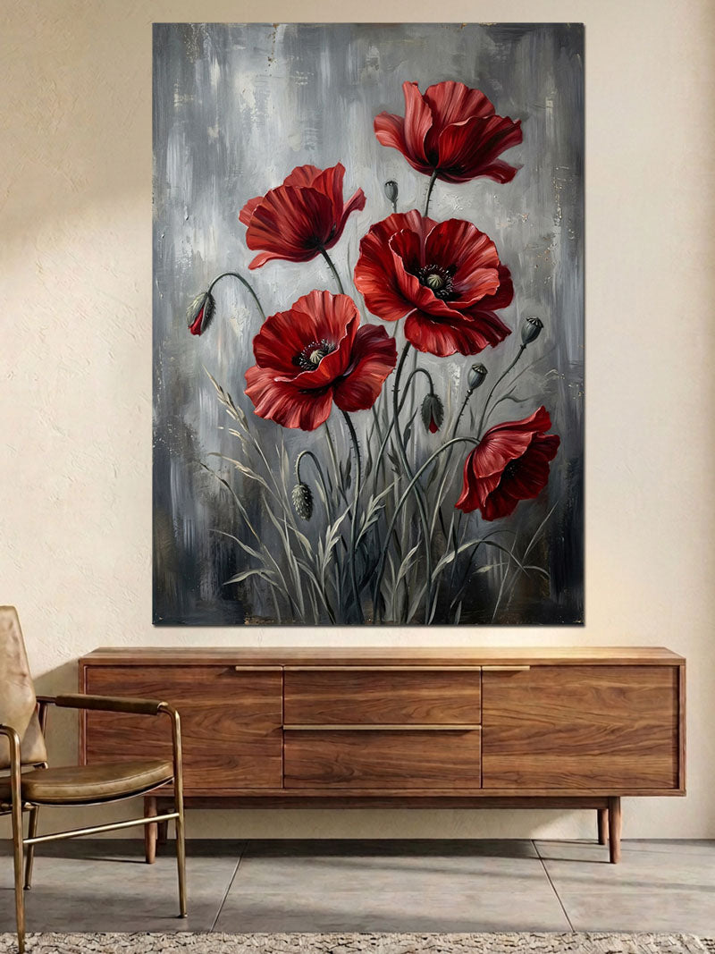 Koyu Fonda Kırmızı Gelincik Çiçekleri Kanvas Tablo